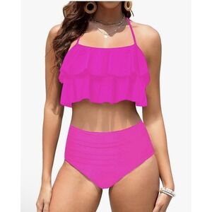 Tempt Me Women Two Piece Swimsuits High Waisted Bikini Tummy Control Hot Pink -L
